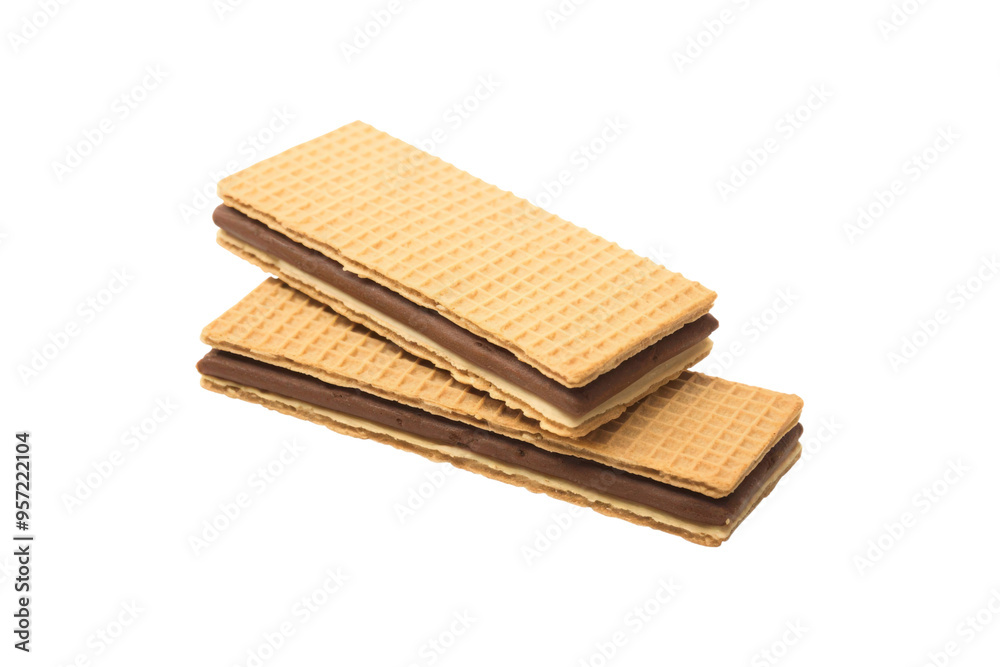 Two chocolate filled wafer cookies were stacked together. Great for food blogs, dessert recipes, or packaging design for sweets and snacks Two chocolate filled wafer cookies were stacked together. Great for food blogs, dessert recipes, or packaging design for sweets and snacks