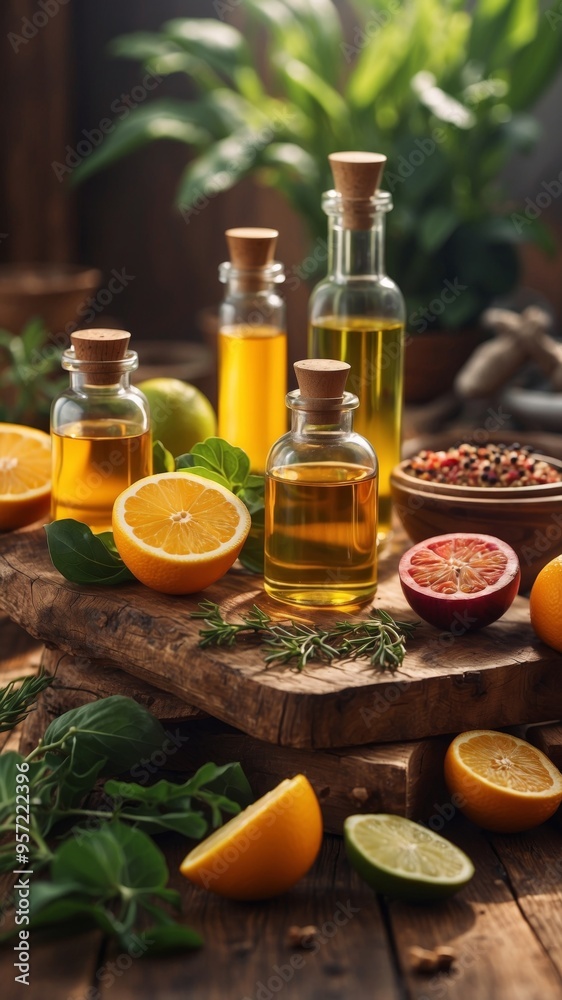 Natural light illuminates a selection of oils and fresh ingredients on wooden table. Natural light illuminates a selection of oils and fresh ingredients on wooden table.