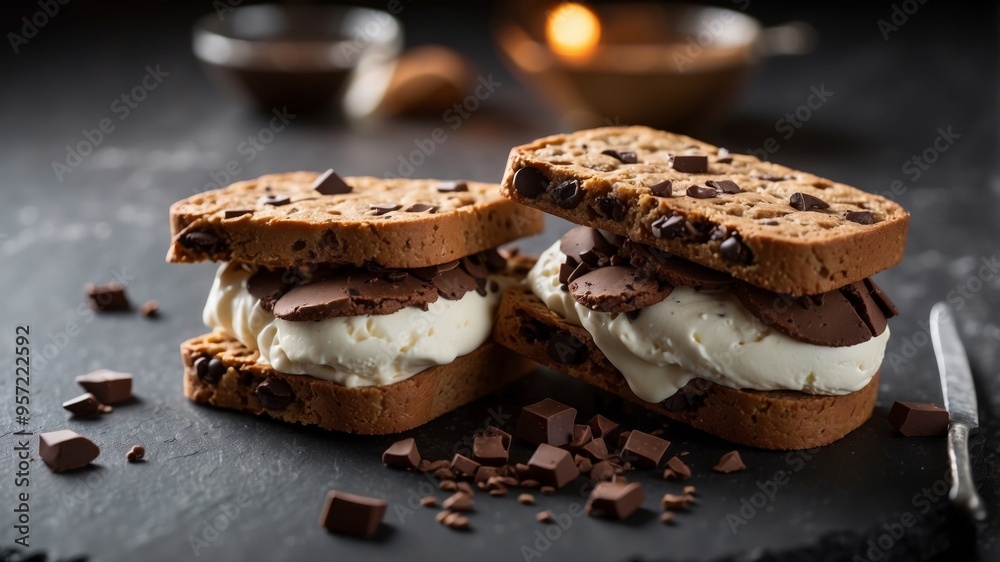 Ice cream sandwich with chocolate chip cookies served on slate board. Ice cream sandwich with chocolate chip cookies served on slate board.