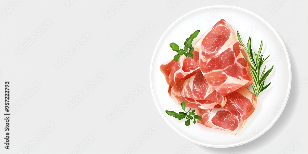 Prosciutto slices displayed on a white plate, with a sprig of fresh herbs Prosciutto slices displayed on a white plate, with a sprig of fresh herbs