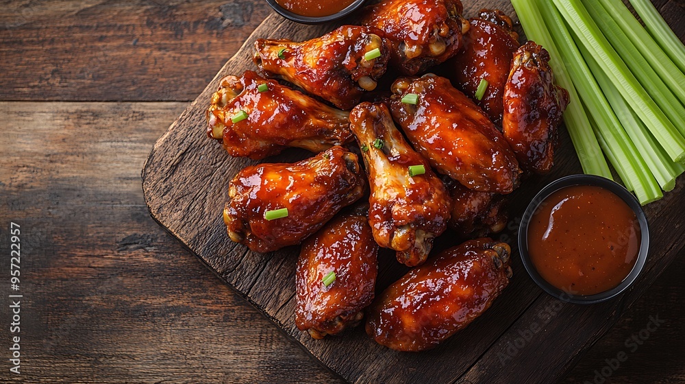A top-down view of a platter filled with spicy buffalo wings, BBQ wings, and honey mustard wings, neatly arranged on a rustic wooden table, with dipping sauces and celery sticks surrounding the wings, A top-down view of a platter filled with spicy buffalo wings, BBQ wings, and honey mustard wings, neatly arranged on a rustic wooden table, with dipping sauces and celery sticks surrounding the wings,