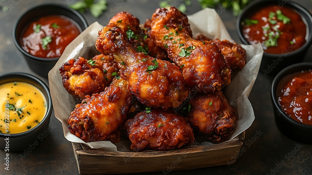 A top-down view of a rustic wooden table with a basket of fried chicken pieces, surrounded by various dipping sauces, with soft natural light highlighting the crispy texture of the chicken, A top-down view of a rustic wooden table with a basket of fried chicken pieces, surrounded by various dipping sauces, with soft natural light highlighting the crispy texture of the chicken,
