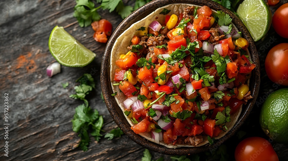 A top-down view of a trio of beef, chicken, and veggie tacos, each loaded with colorful toppings, arranged neatly on a rustic wooden table, with vibrant ingredients like cilantro, onions, A top-down view of a trio of beef, chicken, and veggie tacos, each loaded with colorful toppings, arranged neatly on a rustic wooden table, with vibrant ingredients like cilantro, onions,