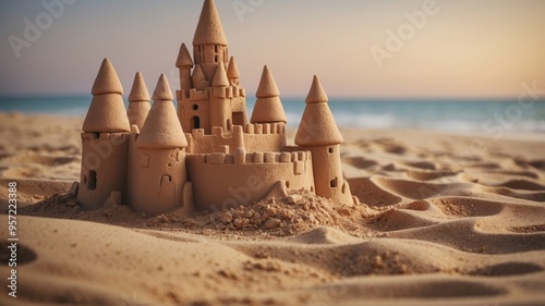 Intricate sandcastle with turrets and walls on beach.