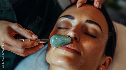 Relaxing facial treatment with a jade roller for skincare enhancement in a calming spa environment