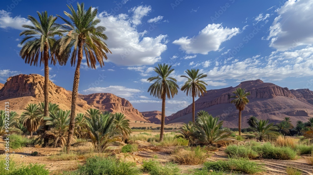 A desert landscape with palm trees and mountains in the background A desert landscape with palm trees and mountains in the background