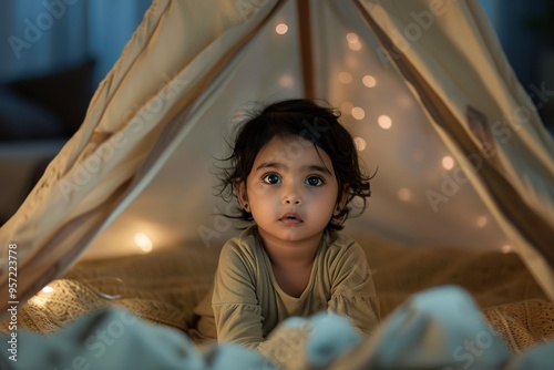 Little Indian child seated in a tent within a softly lit home room photo