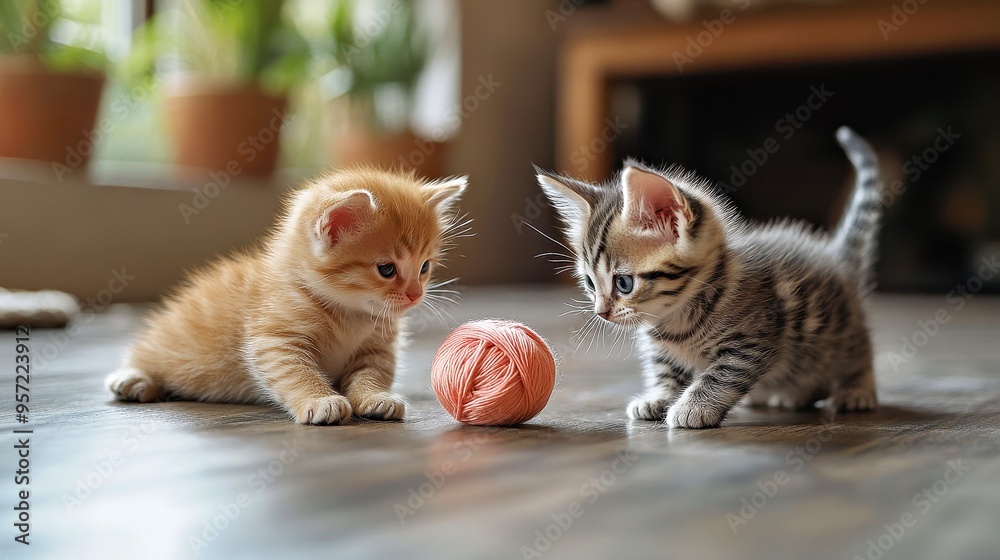 Naklejka premium Sweet Friendship: Adorable Puppy and Kitten Playing with Yarn Ball Indoors