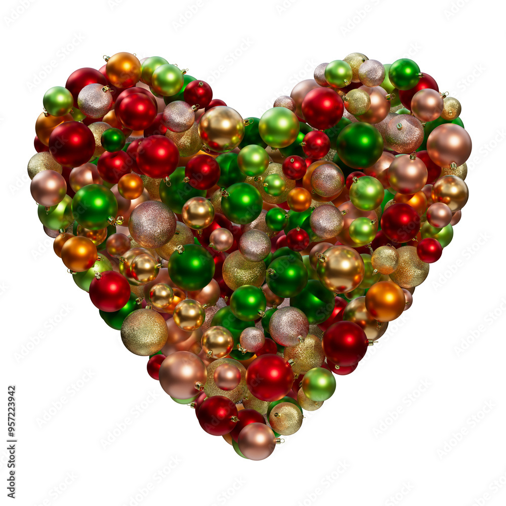 Christmas ornaments composition in the shape of heart. Christmas balls of different colors on a transparent background. 3D render. Holiday decoration. Christmas ornaments composition in the shape of heart. Christmas balls of different colors on a transparent background. 3D render. Holiday decoration.