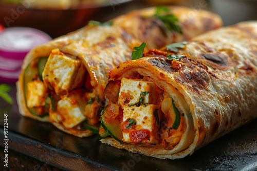 Paneer kathi roll a Kolkata style wrap with cottage cheese photo