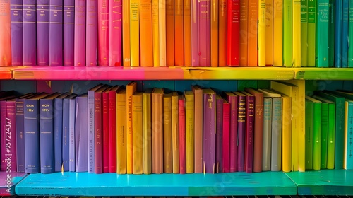 Bookshelf filled with books arranged by color, creating a vibrant and visually appealing rainbow gradient. Perfect for educational themes, creative projects, and interior design concepts.