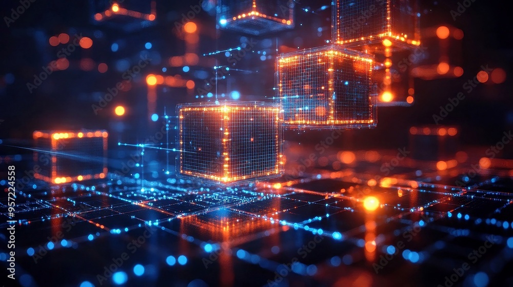 Fototapeta premium Futuristic Blockchain Network Concept with 3D Digital Cubes and Light Trails