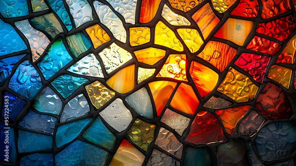 Vibrant mosaic of colorful stained glass pieces, creating a dynamic and artistic pattern. Perfect for creative projects, interior design, and decorative art concepts. Vibrant mosaic of colorful stained glass pieces, creating a dynamic and artistic pattern. Perfect for creative projects, interior design, and decorative art concepts.