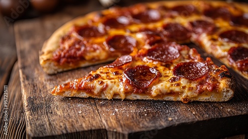 Multiple slices of pepperoni pizza with bubbling cheese and crispy crusts on a rustic wooden table, photographed from a side angle with soft, natural lighting highlighting the textures and colors,