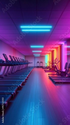 Neon Fitness Glow: Treadmills line a vibrant, neon-lit gym, creating a dynamic and energetic atmosphere. Perfect for fitness, health, and wellness content. 