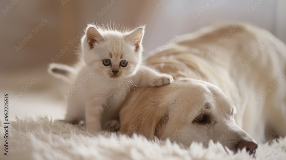 A big dog and its tiny kitten friend share a special bond. A white kitten riding a Labrador A big dog and its tiny kitten friend share a special bond. A white kitten riding a Labrador