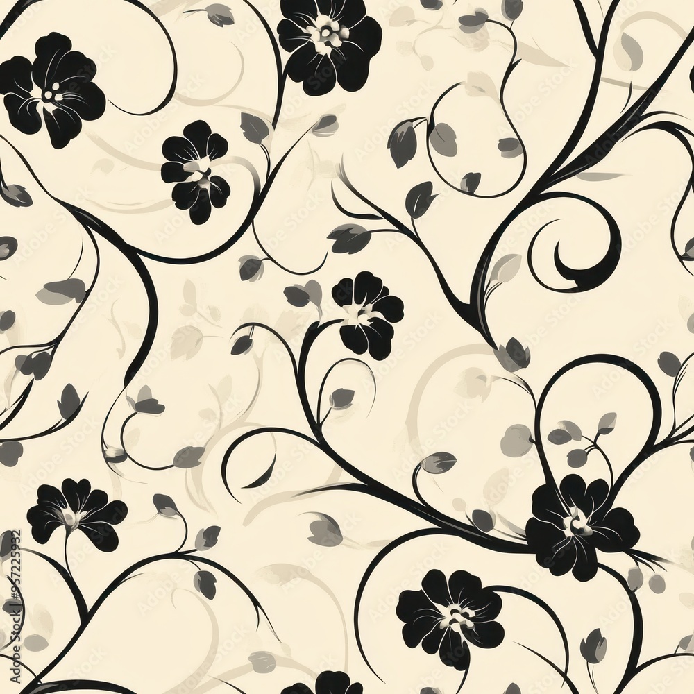 Elegant Floral Pattern with Abstract Black Flowers on Beige Background Elegant Floral Pattern with Abstract Black Flowers on Beige Background