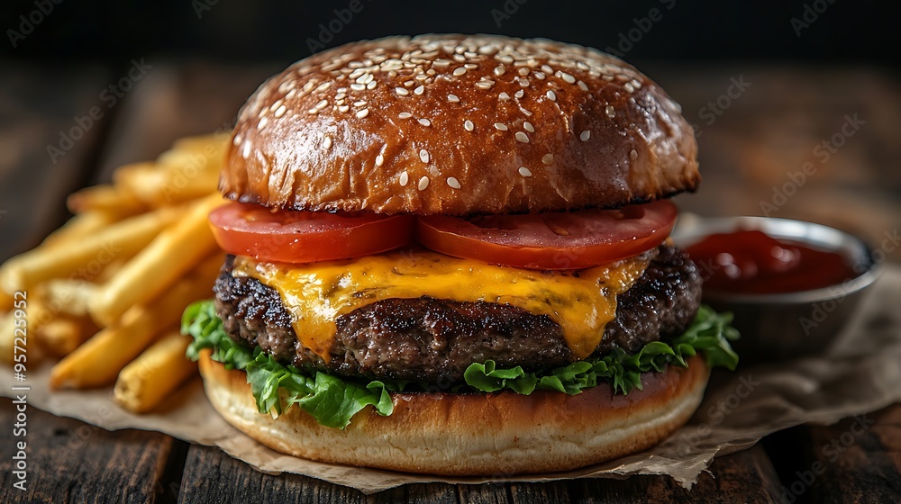 A cheeseburger with melted cheese, lettuce, and tomatoes, served with a side of golden fries on a rustic wooden table, with soft, moody lighting that accentuates the rich colors and textures, A cheeseburger with melted cheese, lettuce, and tomatoes, served with a side of golden fries on a rustic wooden table, with soft, moody lighting that accentuates the rich colors and textures,