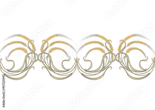 Ears of cereal, wheat or rye Seamless border pattern, linear ornament, ribbon Vector illustration. Outline hand drawing. In art nouveau style, vintage, old, retro style.