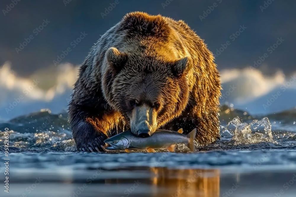Fototapeta premium A Brown Bear Catches a Salmon in a River