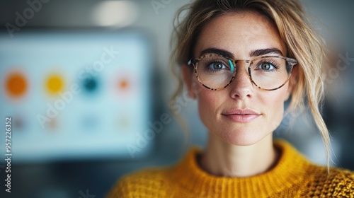 A focused woman with glasses, wearing a yellow sweater, working at her desk. This image encapsulates dedication, intellect, and the modern work environment and lifestyle. photo