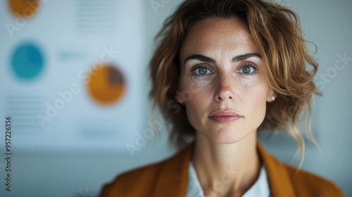 A serious woman with curly hair, in a professional office setting, exemplifying concentration and modern work culture. Her focused demeanor captures the essence of dedication. photo