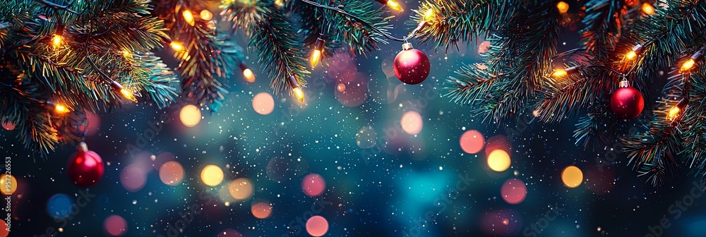 A cozy holiday scene featuring warm Christmas lights, baubles, and pine branches against a snowy, dark backdrop, evoking warmth, cheer, and festive celebration. A cozy holiday scene featuring warm Christmas lights, baubles, and pine branches against a snowy, dark backdrop, evoking warmth, cheer, and festive celebration.