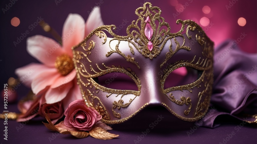 Naklejka premium Masquerade mask in festive colors on purple and pink background.