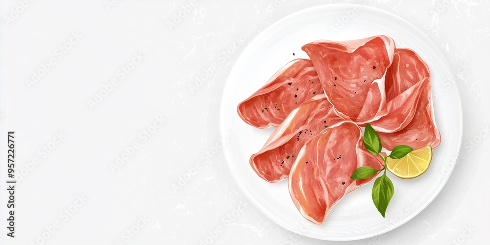 Prosciutto slices displayed on a white plate, with a sprig of fresh herbs Prosciutto slices displayed on a white plate, with a sprig of fresh herbs