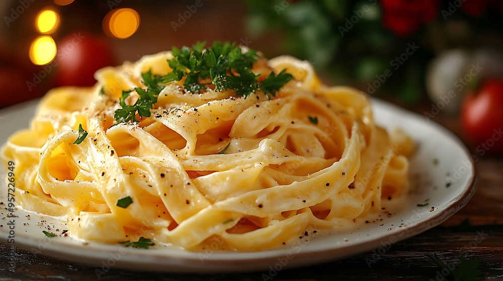 A beautifully plated Fettuccine Alfredo with creamy sauce, garnished with parsley, served on a white dish, with a blurred vase of flowers softly glowing in the background, A beautifully plated Fettuccine Alfredo with creamy sauce, garnished with parsley, served on a white dish, with a blurred vase of flowers softly glowing in the background,