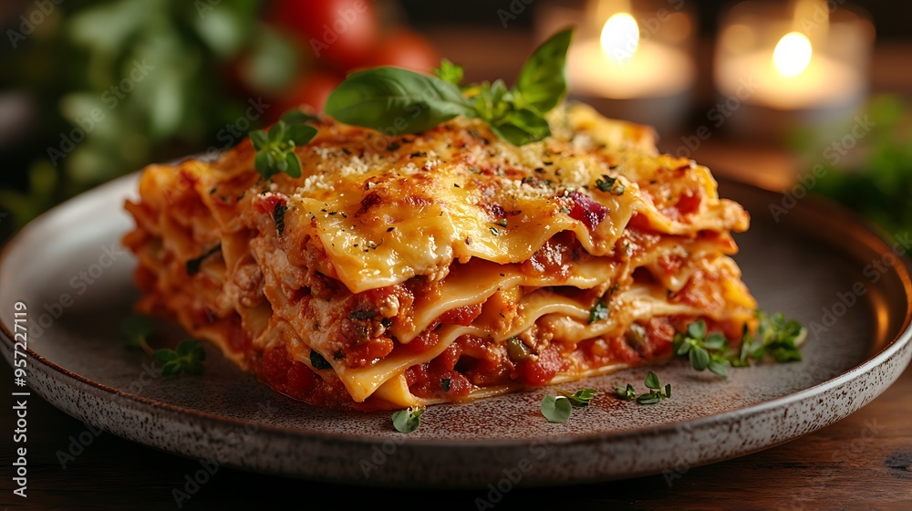 A beautifully plated lasagna with gooey, melted cheese, served on a ceramic plate, with a blurred candlelight in the background, adding a romantic and cozy ambiance to the scene. A beautifully plated lasagna with gooey, melted cheese, served on a ceramic plate, with a blurred candlelight in the background, adding a romantic and cozy ambiance to the scene.
