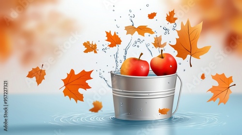 Flat vector design of an autumn apple bobbing bucket with a red apple, blue water, and silver bucket, Created with Generative AI. photo