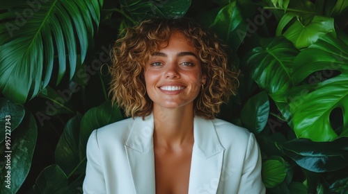 A woman with curly hair and a dazzling smile stands amidst lush green leaves, framed in a natural scene that exudes vibrancy and positivity, spotlighting her cheerful demeanor. photo