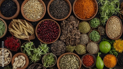 Seeds and herbs displayed together.