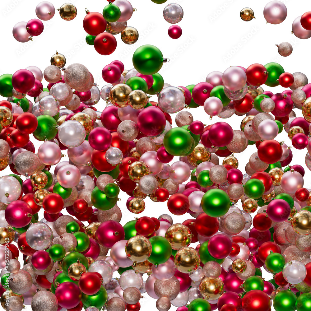 Christmas balls in red, pink, green and gold colors on a transparent background. Composition of Christmas ornaments. 3D render. Holiday decoration. Christmas balls in red, pink, green and gold colors on a transparent background. Composition of Christmas ornaments. 3D render. Holiday decoration.