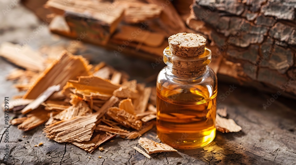 The aromatic oil of sandalwood sits alongside chipped wood on a surface