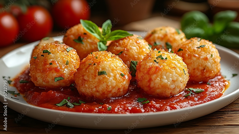 A beautifully plated serving of arancini with marinara sauce, set on a white plate, with a blurred view of an Italian street in the background,