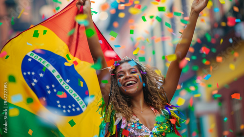 A Brazilian woman in a vibrant carnival outfit, standing on a Rio de Janeiro street, holding the Brazilian flag high above her head, with confetti falling around her. photo