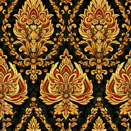 A seamless pattern of ornate gold and red floral damask motifs on a rich black background, evoking timeless elegance and luxury. Vintage seamless floral damask wallpaper with 