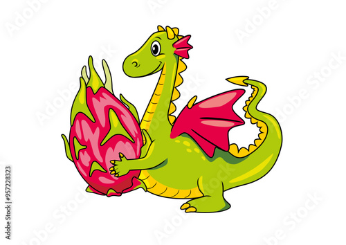 Funny cartoonish dragon with a pitaya fruit