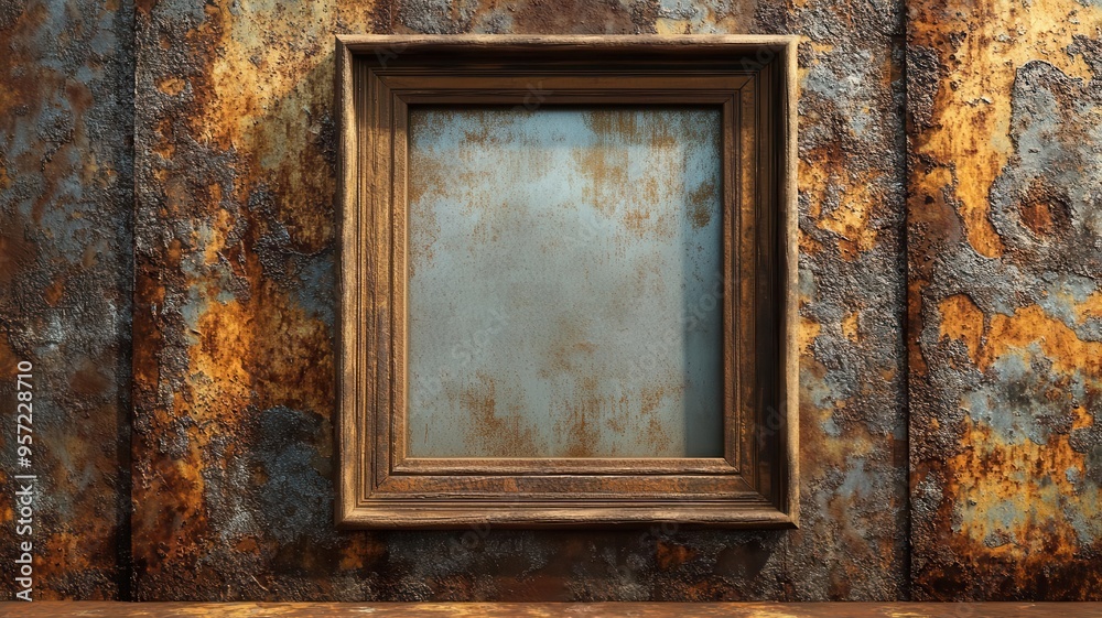 Antique frame, corroded metal wall, illustration Antique frame, corroded metal wall, illustration