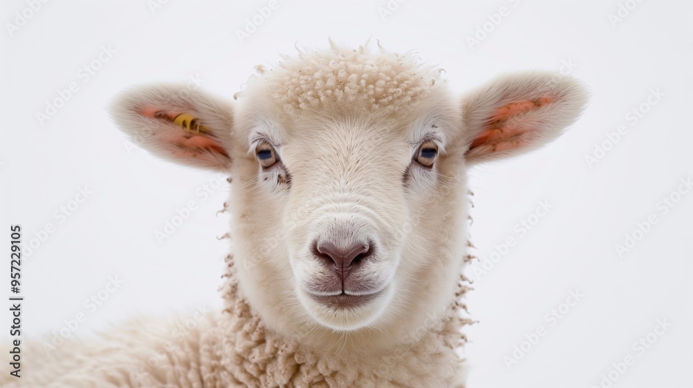 Fototapeta premium a white sheep peeping out, isolated on a white background
