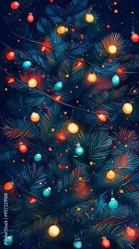 A beautifully decorated Christmas tree illuminated with blue and yellow lights that shine brightly against the dark night, creating a perfect holiday ambiance. photo