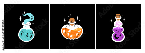 Flat cartoon bottles with magic potion. Alchemical drink in magic jars, flasks, elixir. Halloween witch drinks, star, love, ghost, pumpkin, zombie potions, poison and vampire blood.
