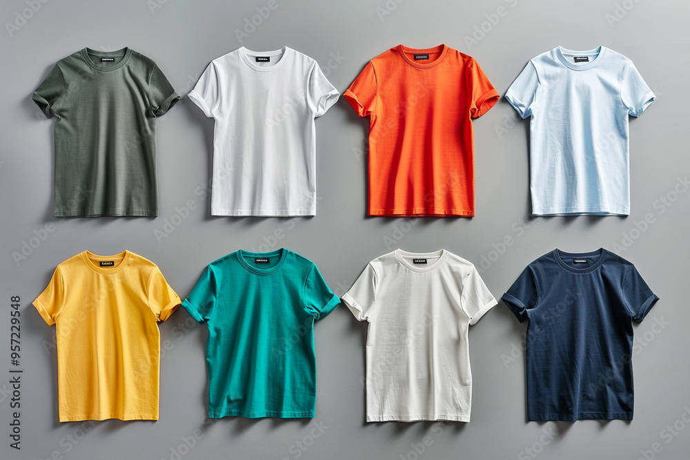Set of colorful t-shirts with no print on it. Graphic resource for clothing mock up brand advertisement Set of colorful t-shirts with no print on it. Graphic resource for clothing mock up brand advertisement