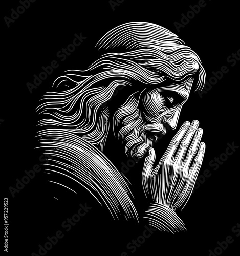  line art sketch drawing- jesus christ praying (artwork 3)