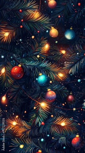 A Christmas tree radiates warmth with glowing lights and colorful ornaments, setting a festive mood and brightening up the dark night with holiday cheer.