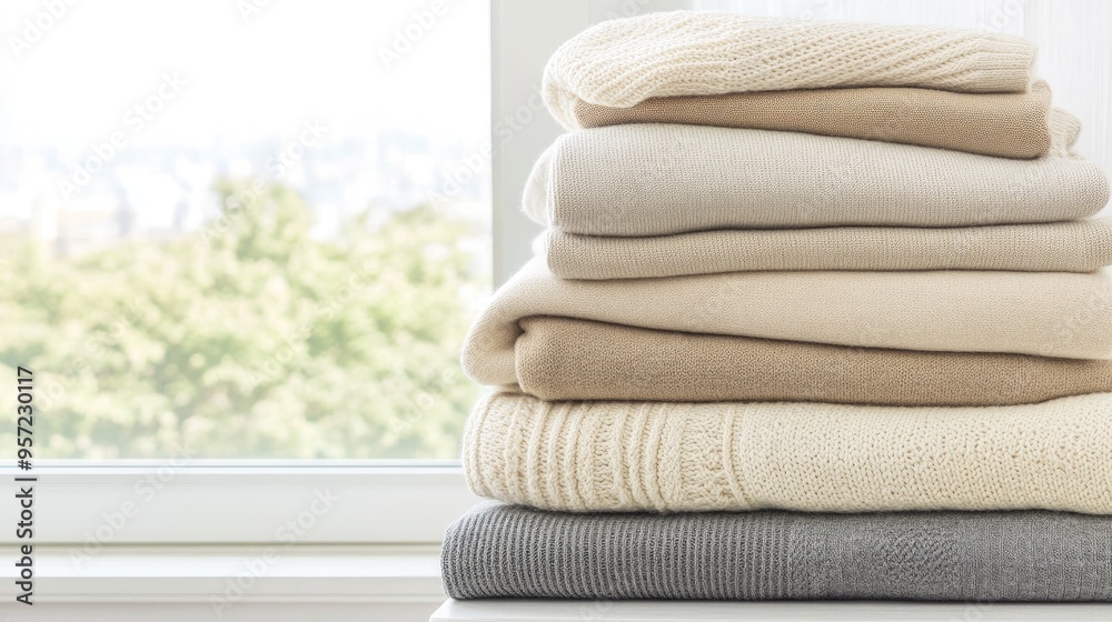 Knitted sweaters in warm beige and neutral tones are neatly stacked on a window sill, providing a cozy touch while winter light filters through, enhancing the seasonal charm Knitted sweaters in warm beige and neutral tones are neatly stacked on a window sill, providing a cozy touch while winter light filters through, enhancing the seasonal charm