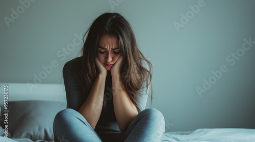 Woman in gray clothes sitting on a bed, looking down with her hands on her face, reflecting exhaustion, worry, and mental strain.