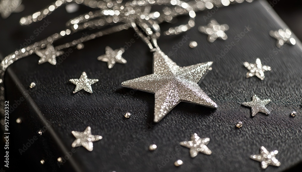 Close-up view of a black gift box with silver star decorations. Close-up view of a black gift box with silver star decorations.